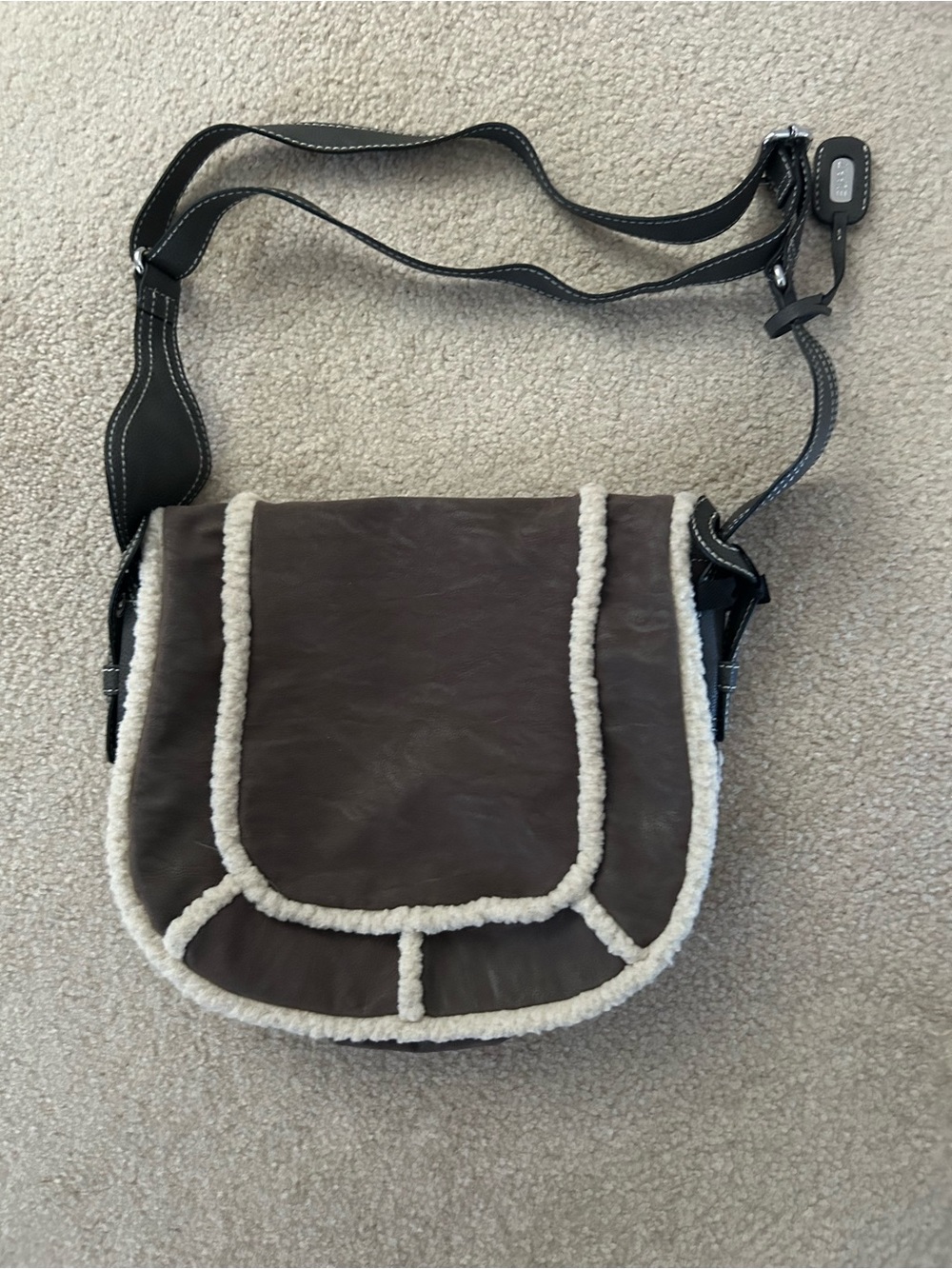 Grey Shearling Trim Crossbody Bag